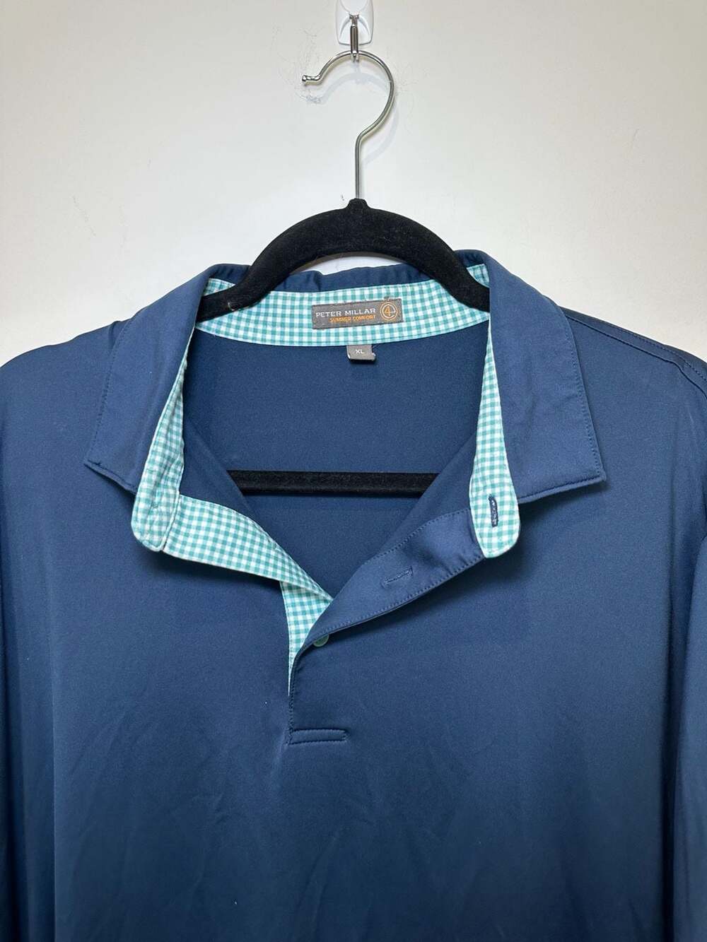 Peter Millar Summer Comfort A4 Performance Golf Polo Navy Blue XL Gingham Collar - Picture 1 of 5